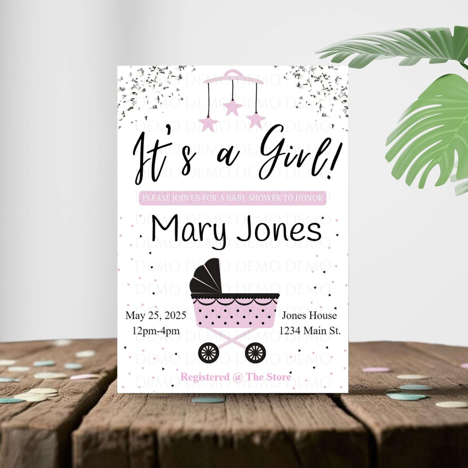 Personalized Girl Buggy Baby Shower Invite