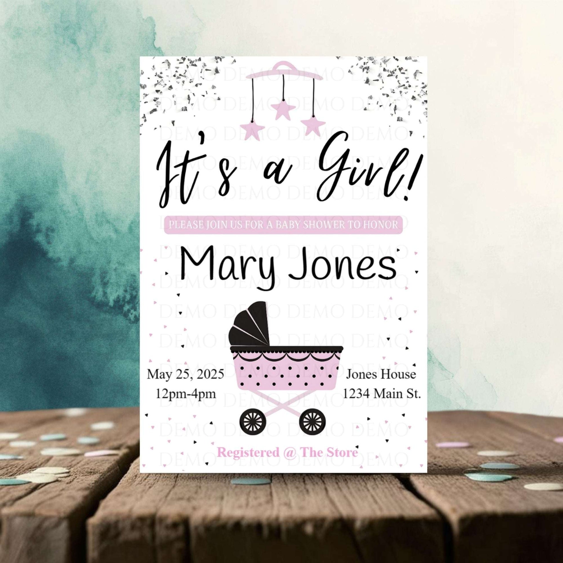 Personalized Girl Buggy Baby Shower Invite