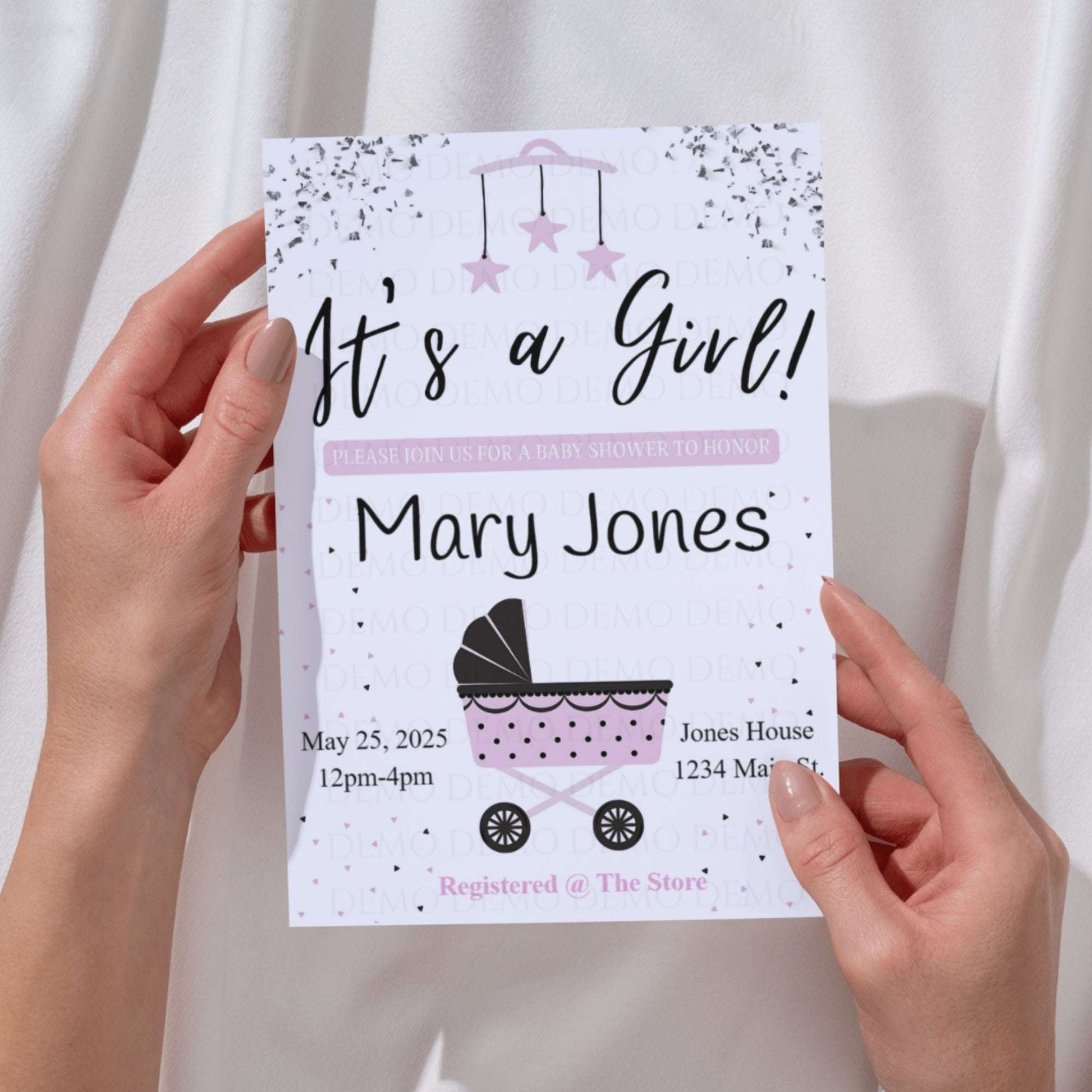 Personalized Girl Buggy Baby Shower Invitation – Editable Template