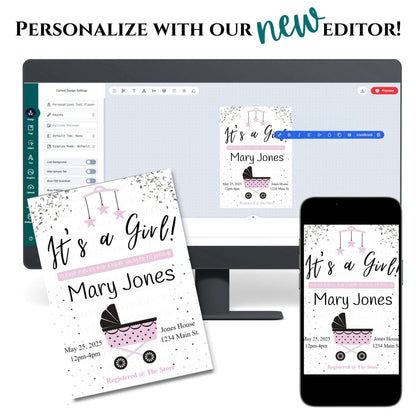 Personalized Girl Buggy Baby Shower Invite