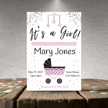 Personalized Girl Buggy Baby Shower Invite