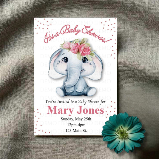 Personalized Girl Elephant Baby Shower Invitation