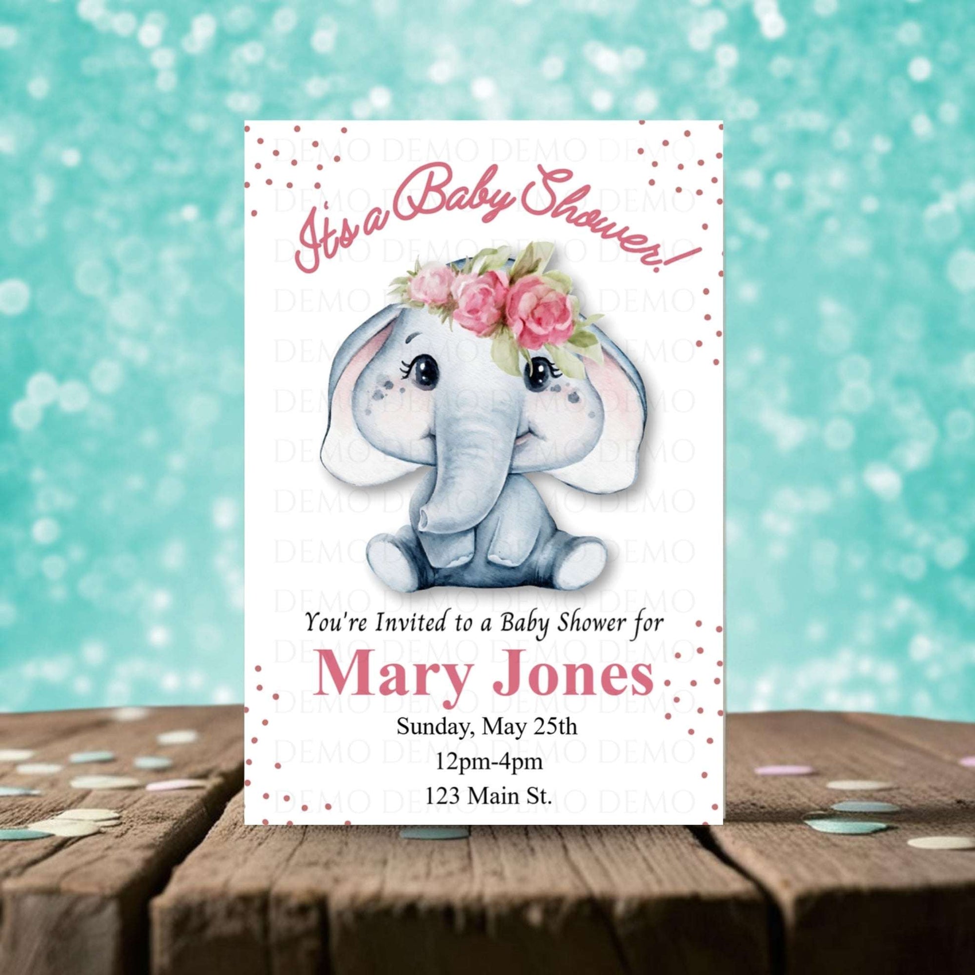 Personalized Girl Elephant Baby Shower Invitation