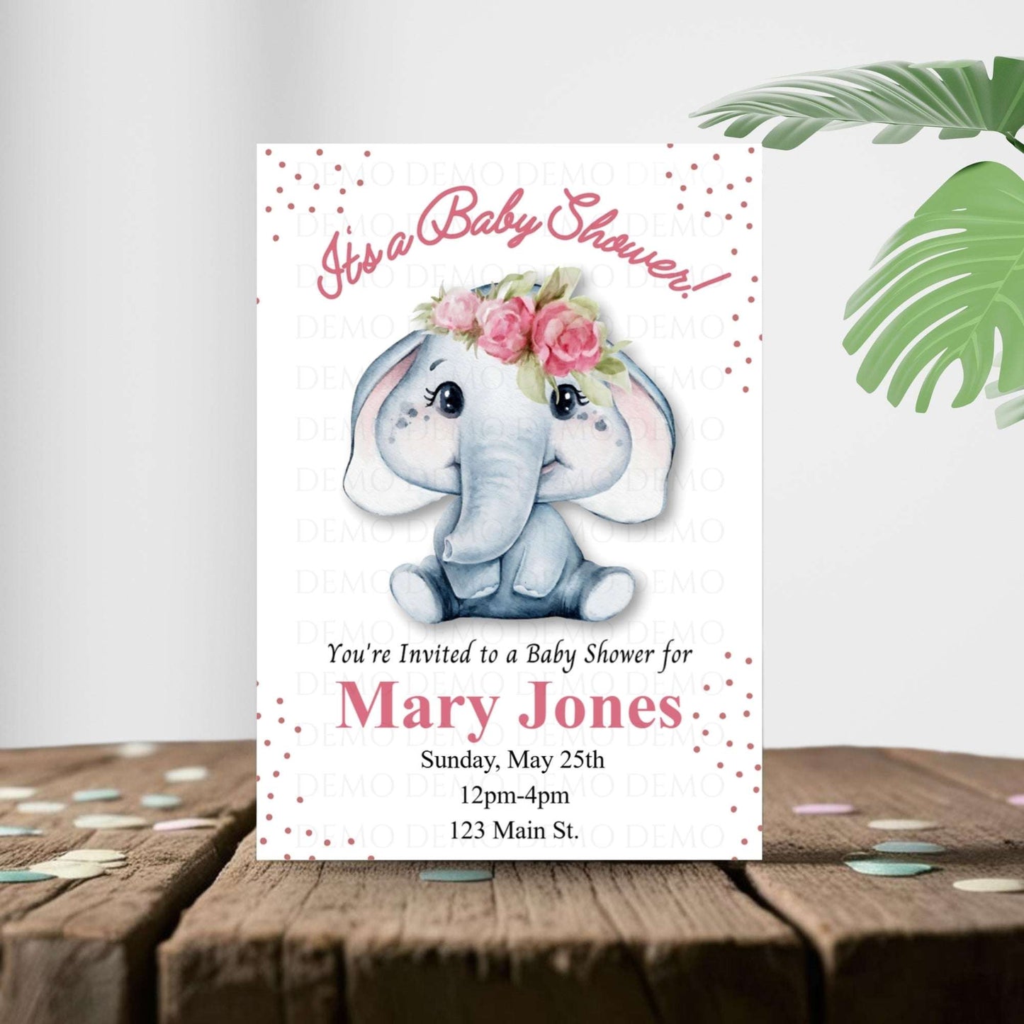 Personalized Girl Elephant Baby Shower Invitation