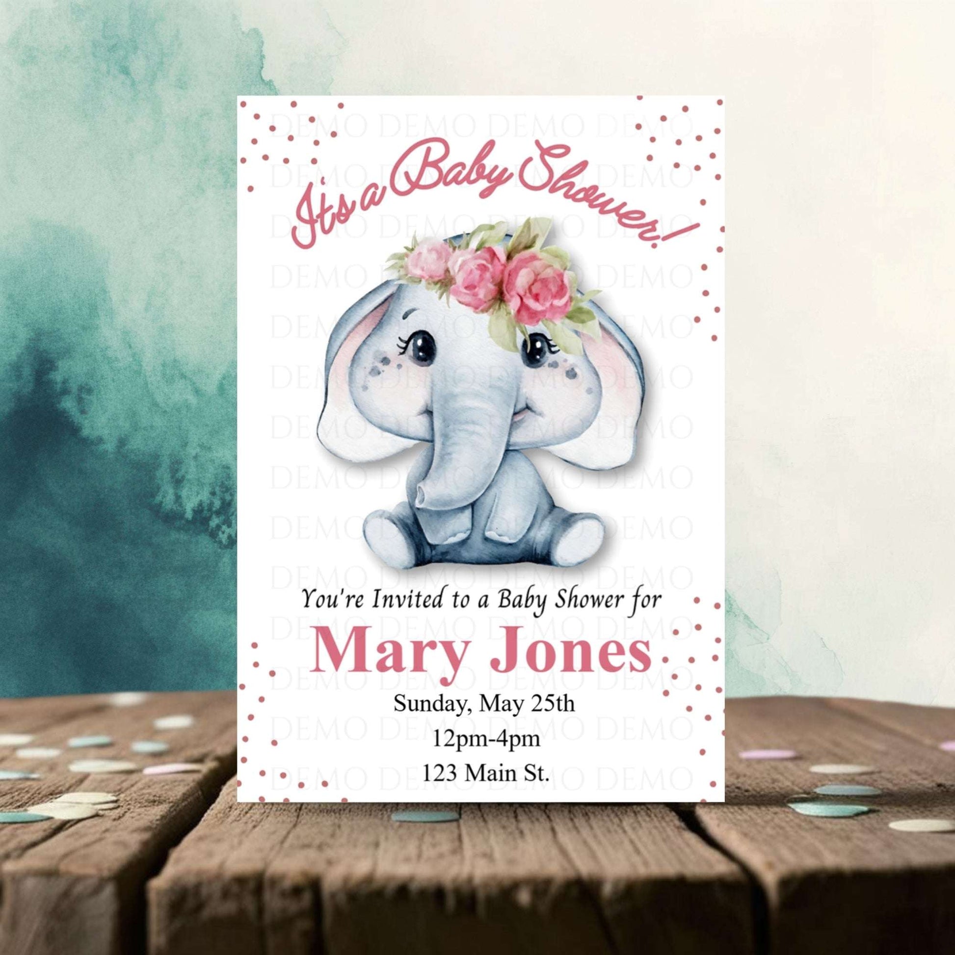 Personalized Girl Elephant Baby Shower Invitation