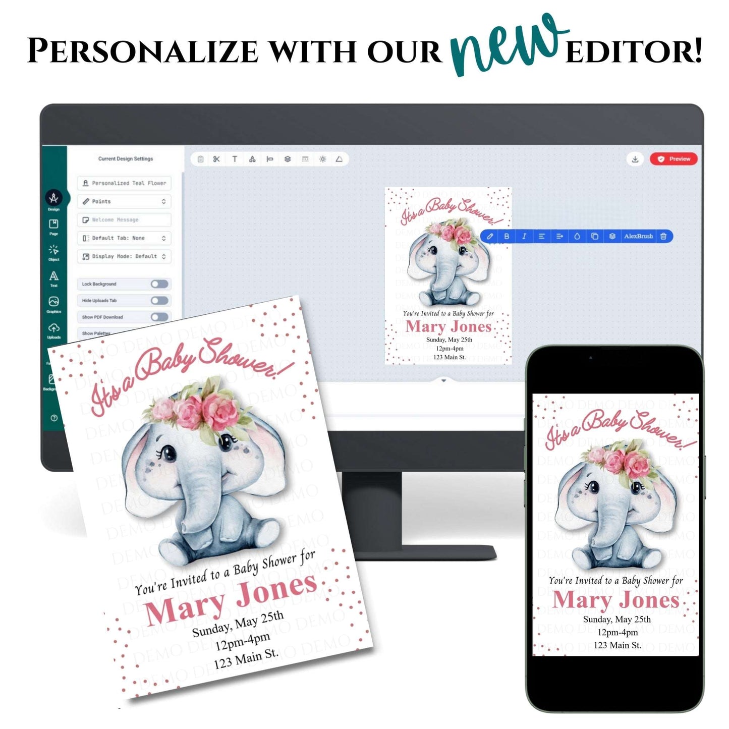 Personalized Girl Elephant Baby Shower Invitation