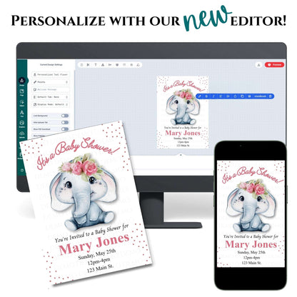 Personalized Girl Elephant Baby Shower Invitation