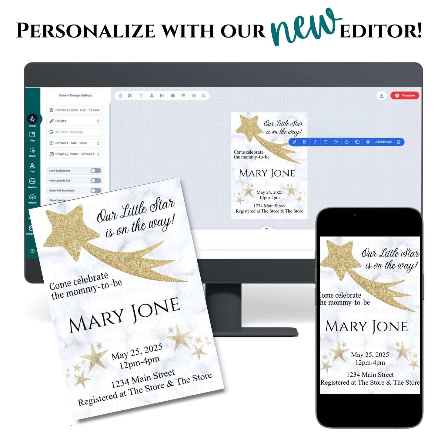 Personalized Gold Star Marble Baby Shower Invite