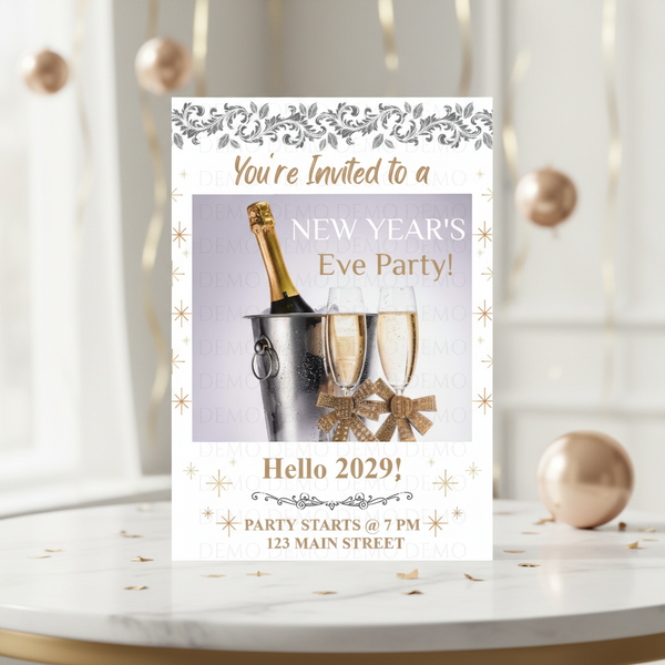 New Year's Eve party invitation with champagne and glasses on a decorative background