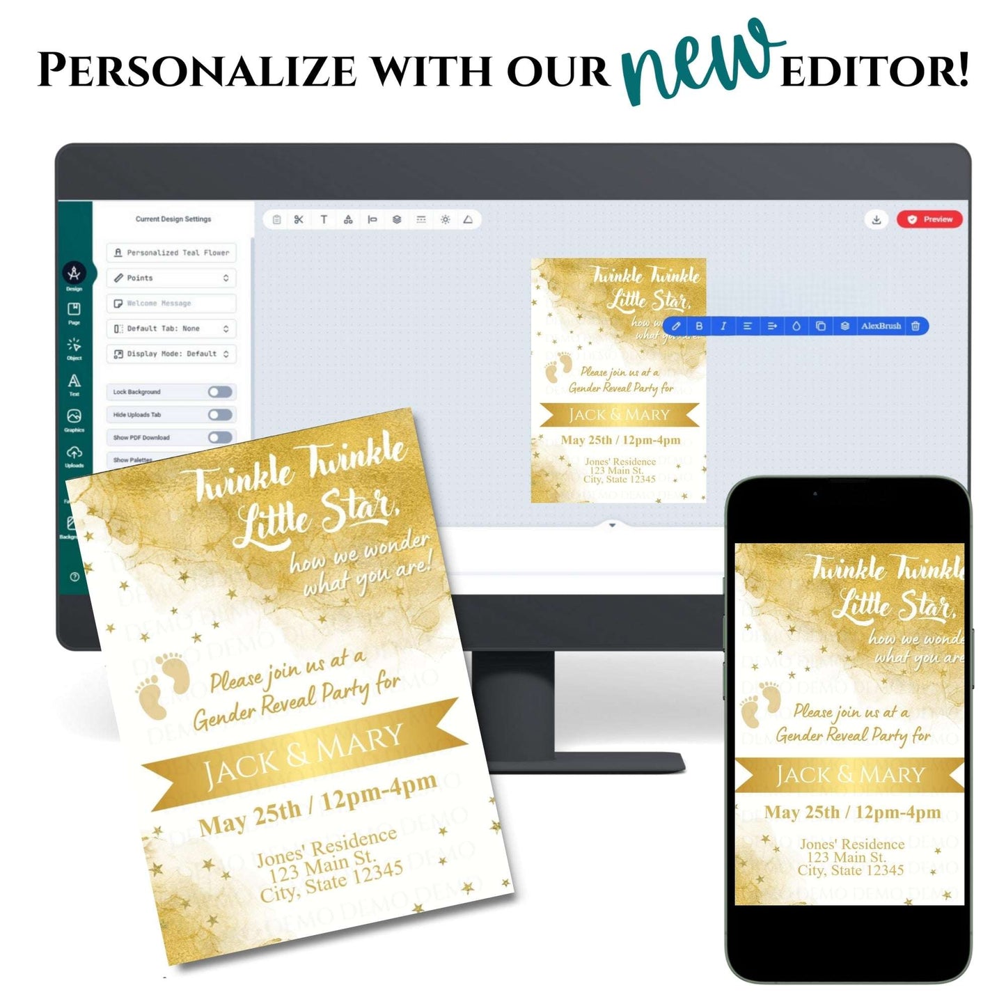 Personalized Twinkle Little Star Gender Reveal Invitation | Golden