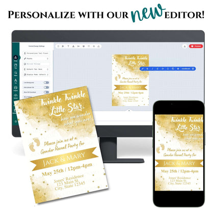 Personalized Twinkle Little Star Gender Reveal Invitation | Golden