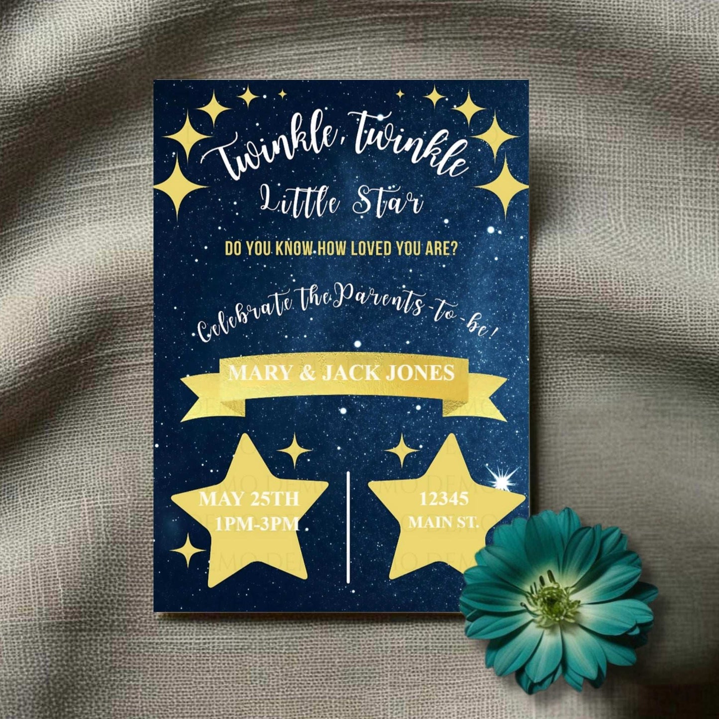 A personalized baby shower invitation with a twinkling star theme, including custom text for the event details.