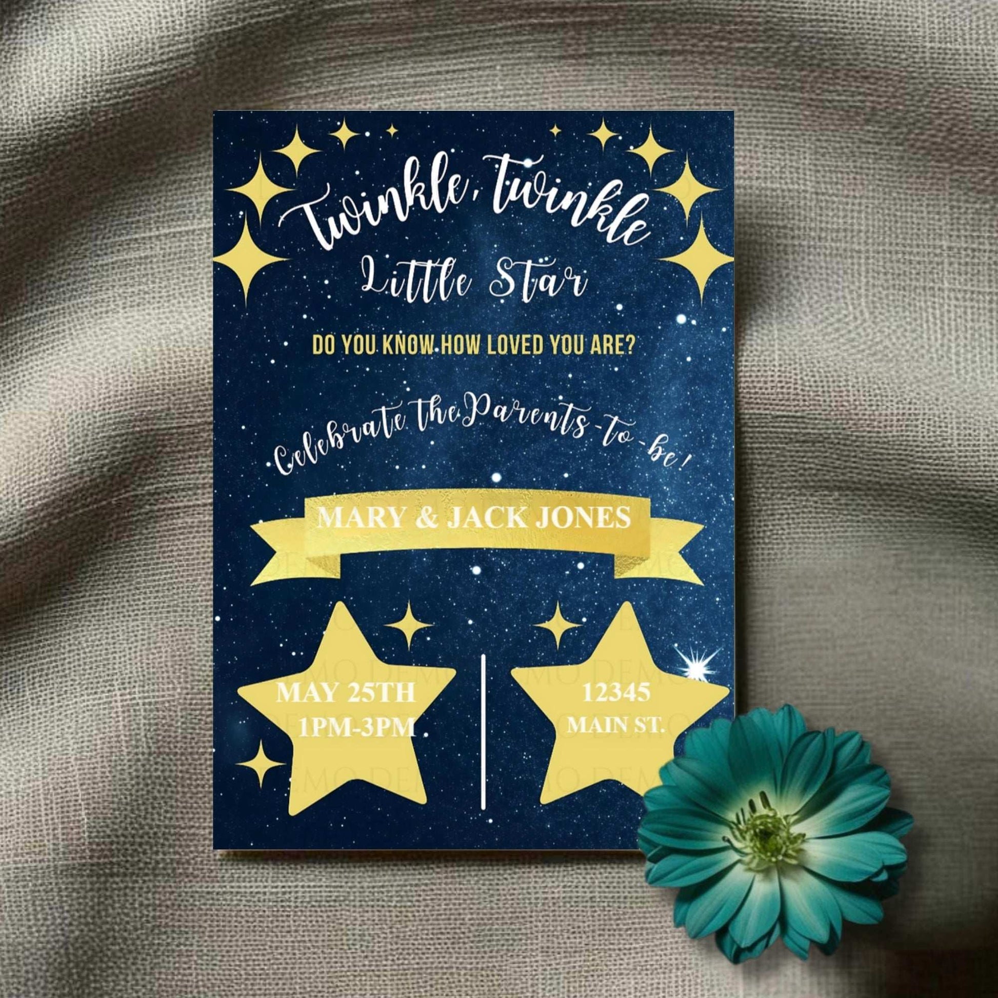 A personalized baby shower invitation with a twinkling star theme, including custom text for the event details.