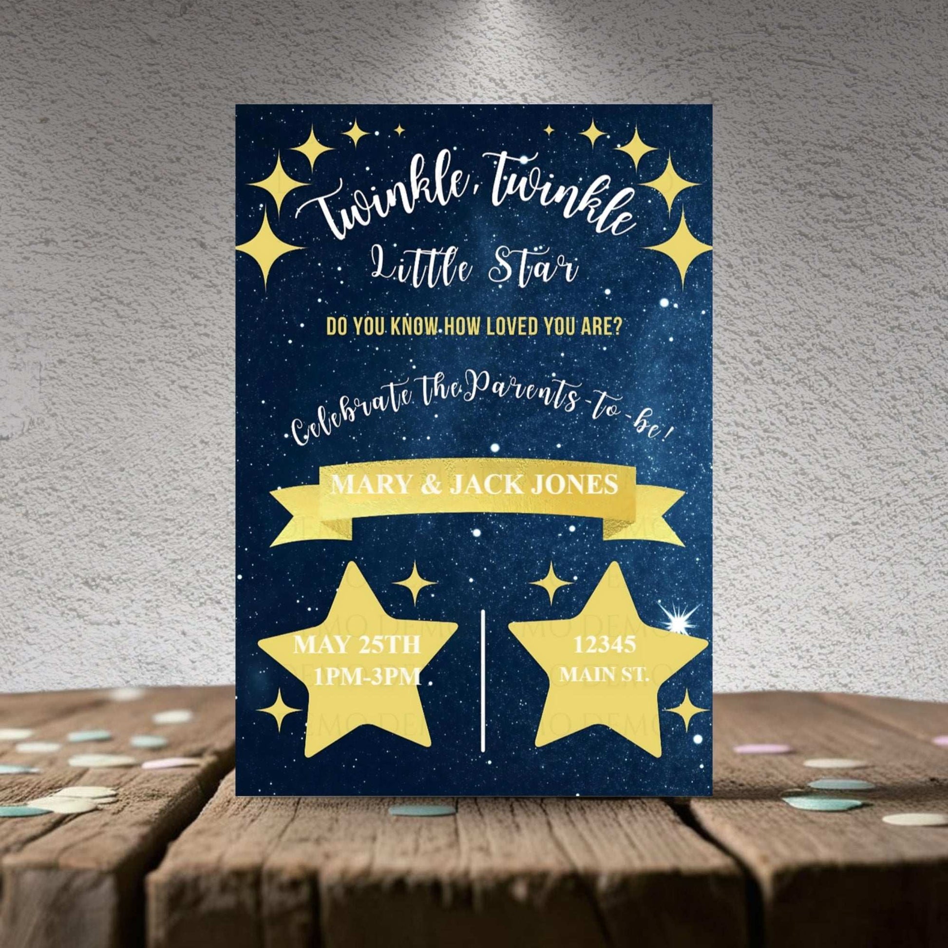 Personalized Twinkle Star Baby Shower Invitation – Navy Blue & Gold Editable Template
