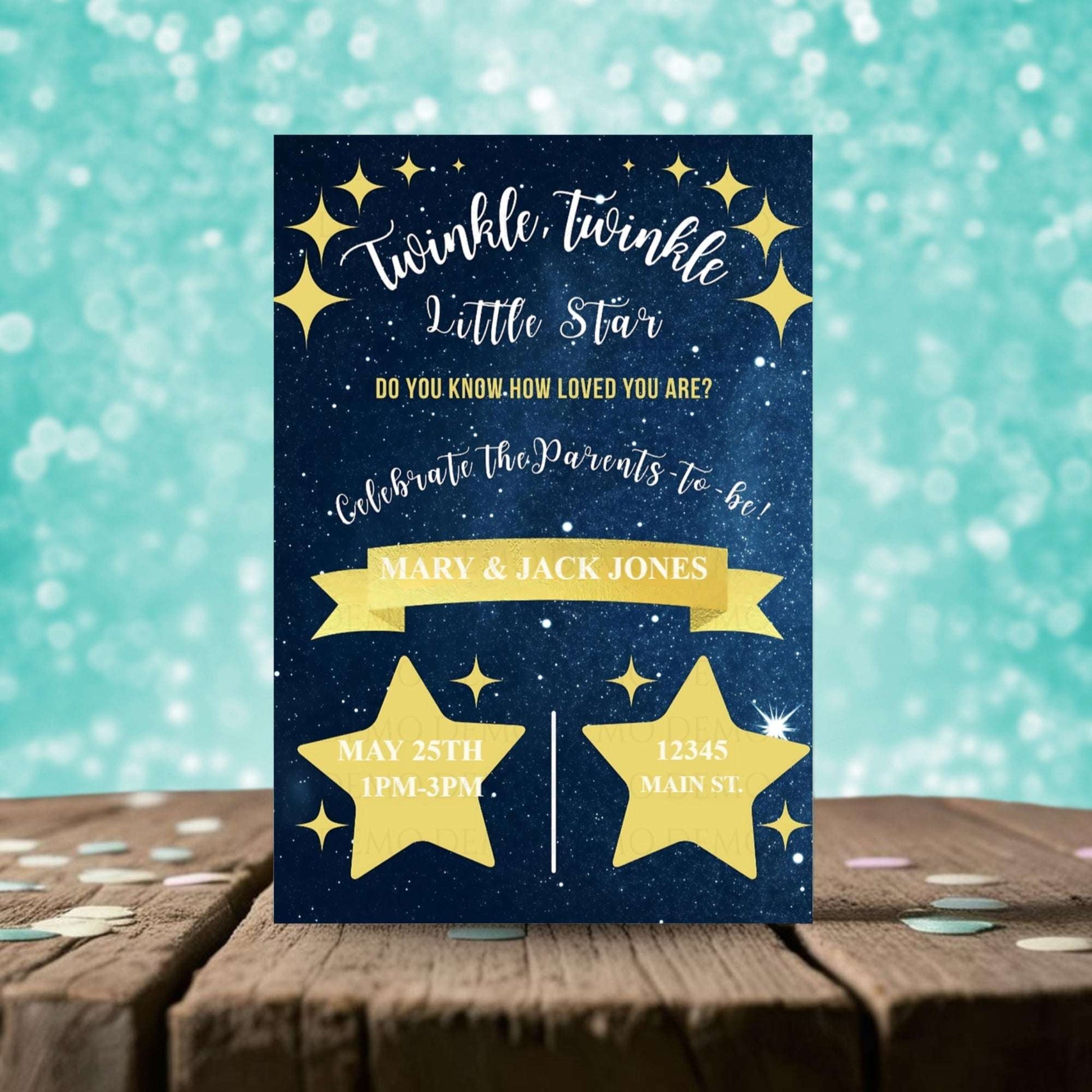 Personalized Twinkle Star Baby Shower Invitation – Navy Blue & Gold Editable Template