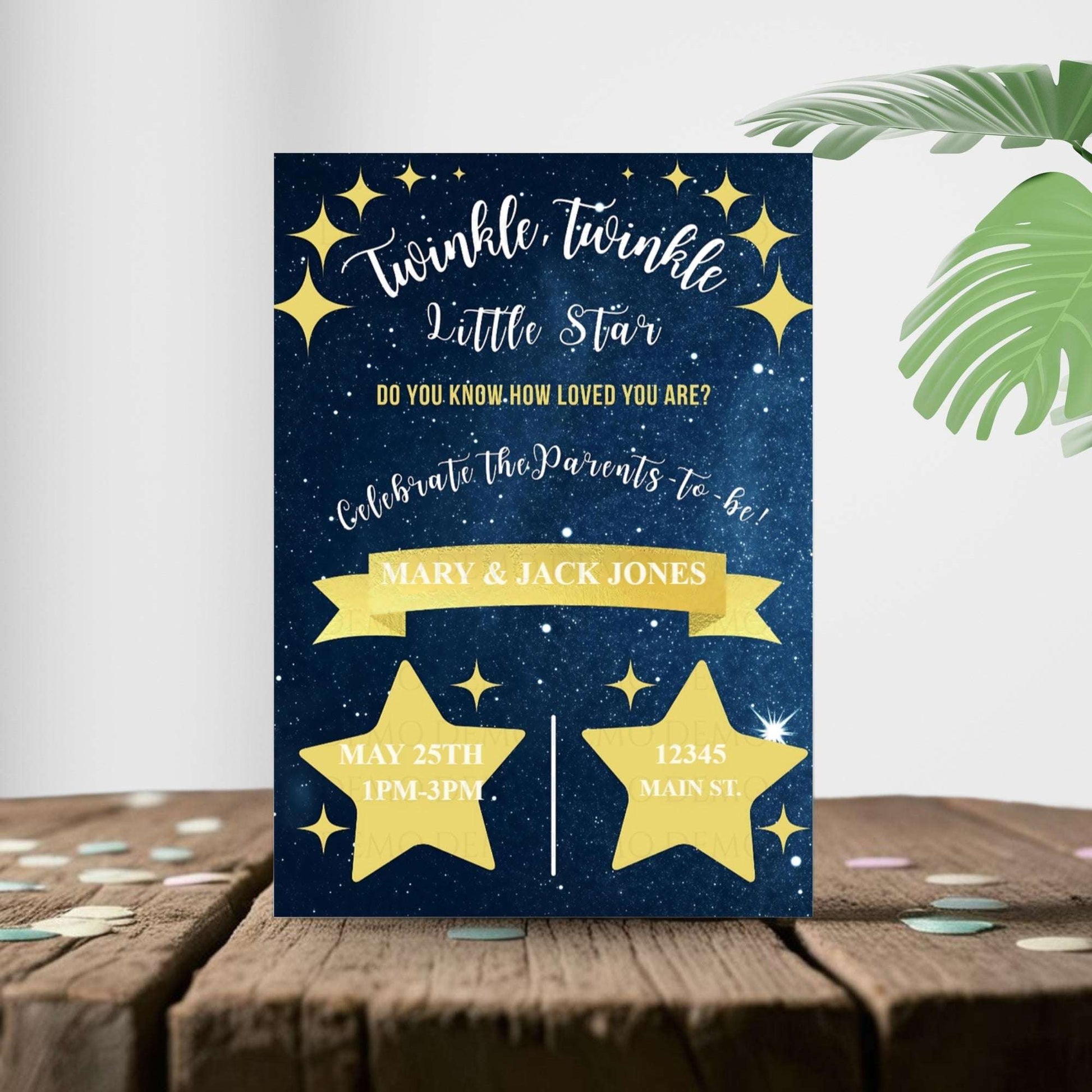 Personalized Twinkle Star Baby Shower Invitation – Navy Blue & Gold Editable Template