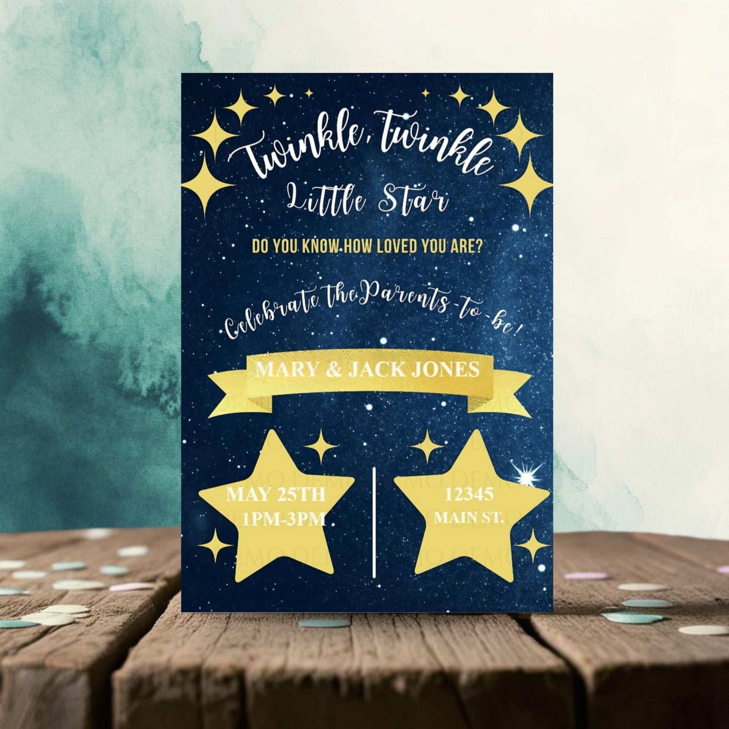 Personalized Twinkle Star Baby Shower Invitation – Navy Blue & Gold Editable Template