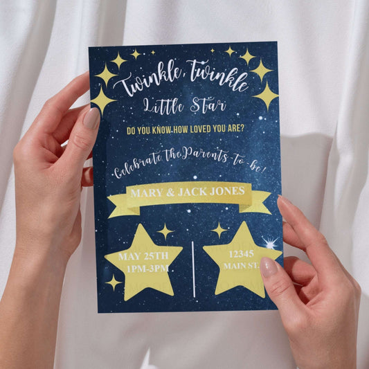 Personalized Twinkle Star Baby Shower Invitation – Navy Blue & Gold Editable Template