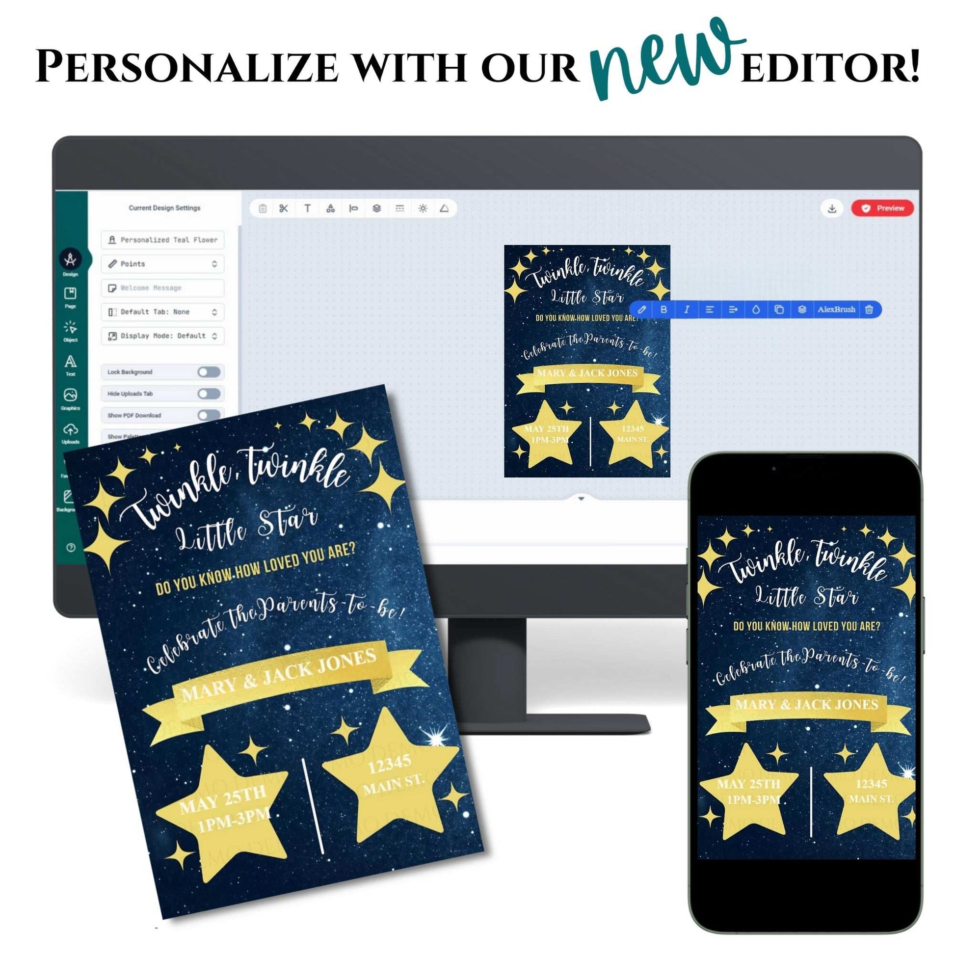 Personalized Twinkle Star Baby Shower Invitation – Navy Blue & Gold Editable Template