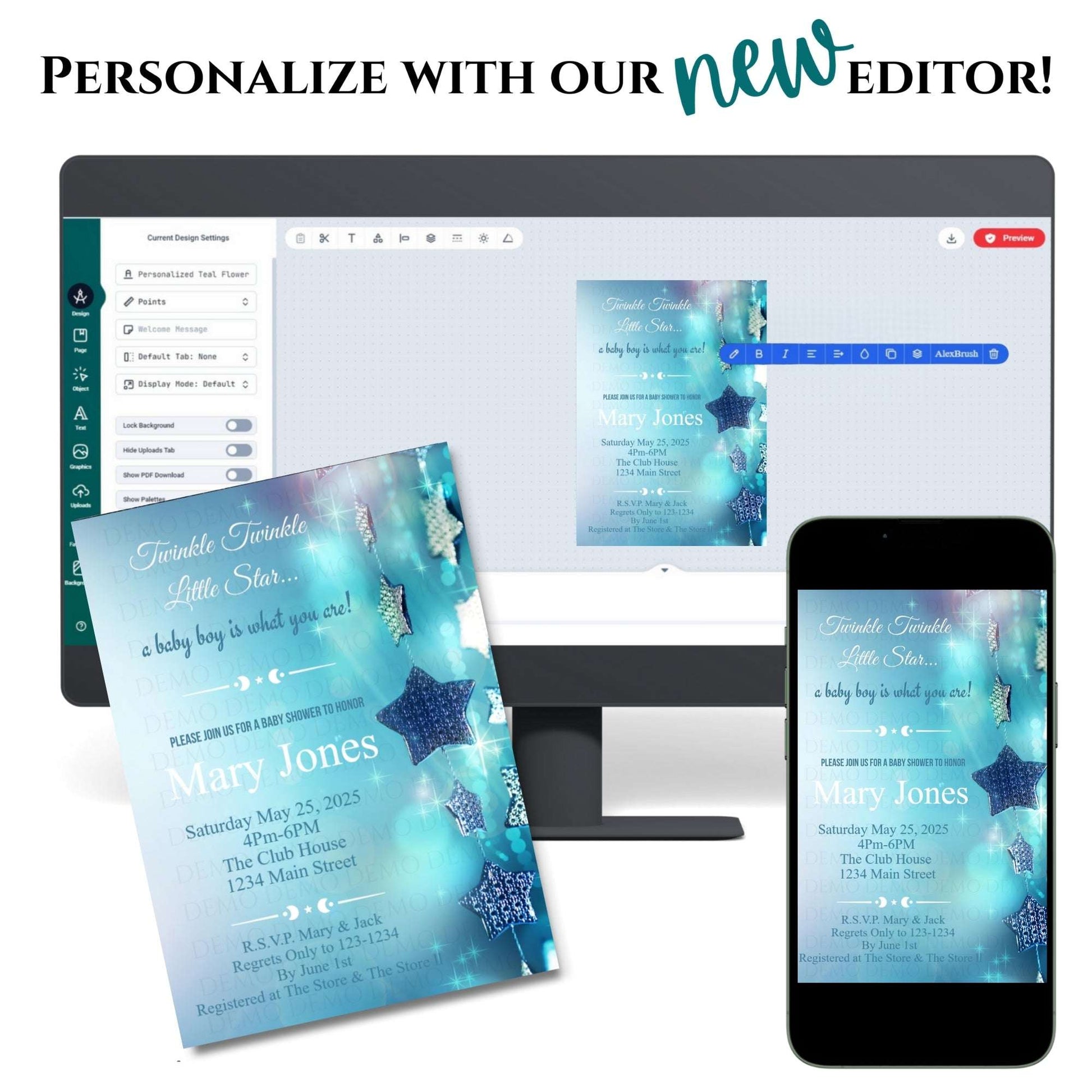 Personalized Twinkle Star Boy Baby Shower Invite