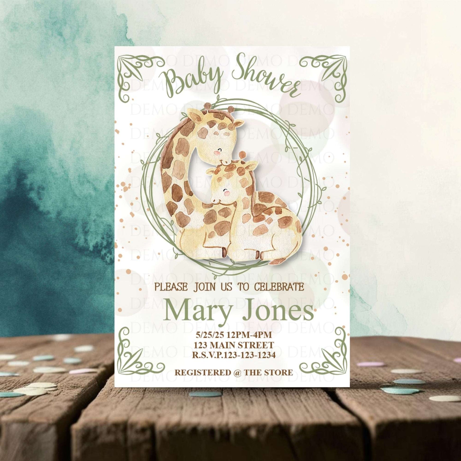 Personalized Watercolor Giraffe Baby Shower Invitation