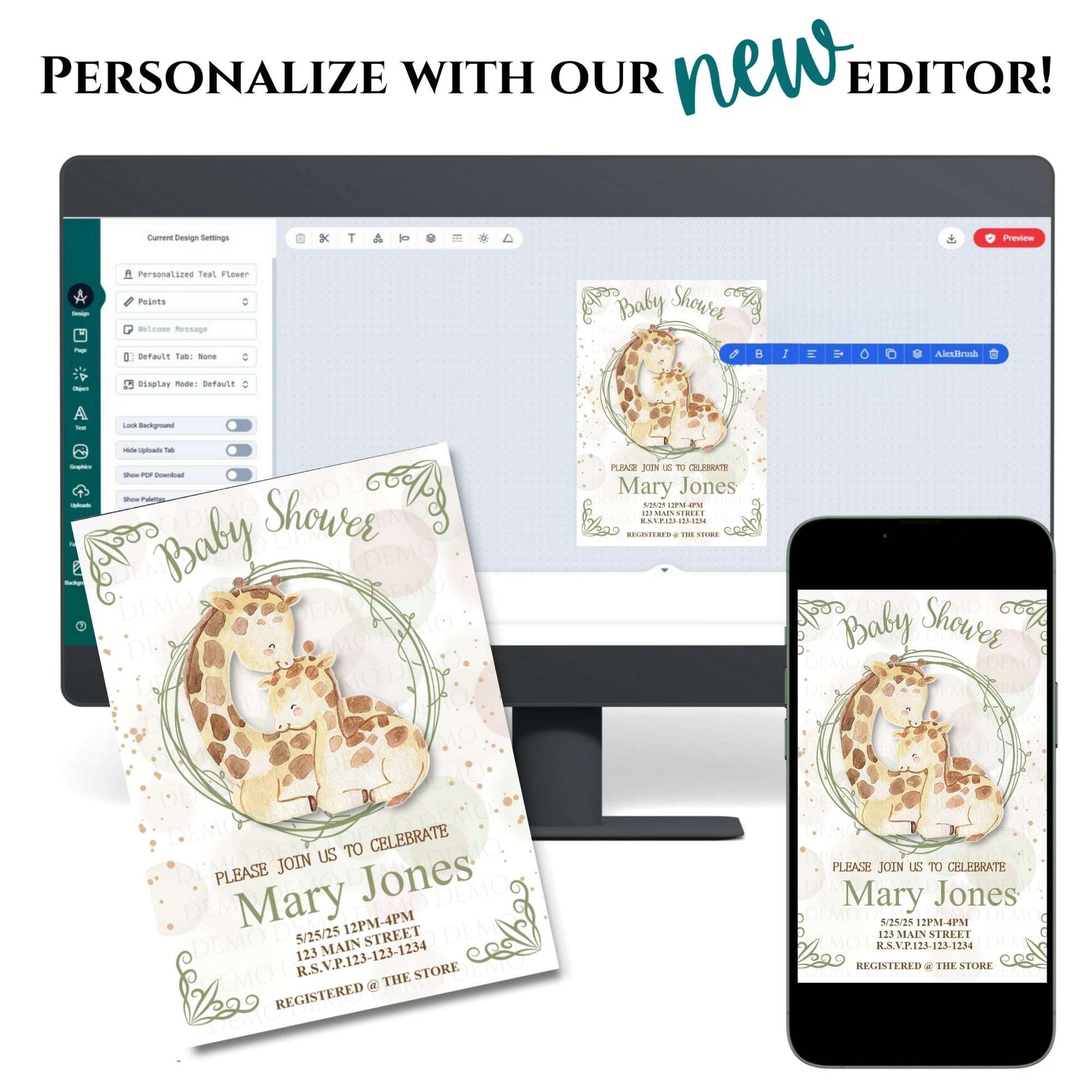 Personalized Watercolor Giraffe Baby Shower Invitation