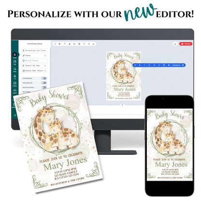 Personalized Watercolor Giraffe Baby Shower Invitation