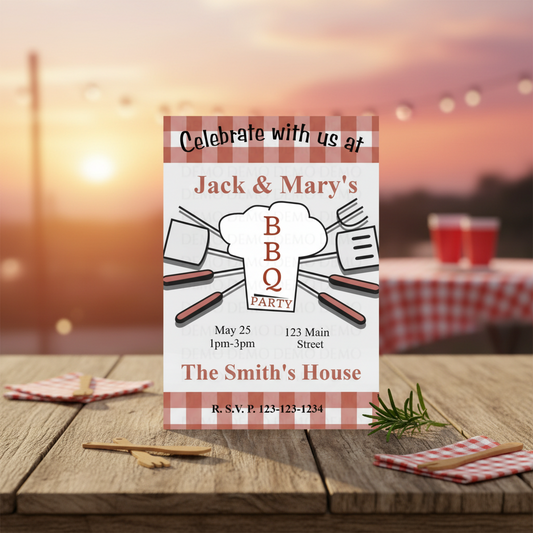 Barbecue party invitation on a wooden table with a blurred background of a sunset.