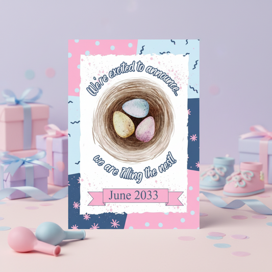 Baby announcement card with eggs in a nest and gift boxes on a colorful background