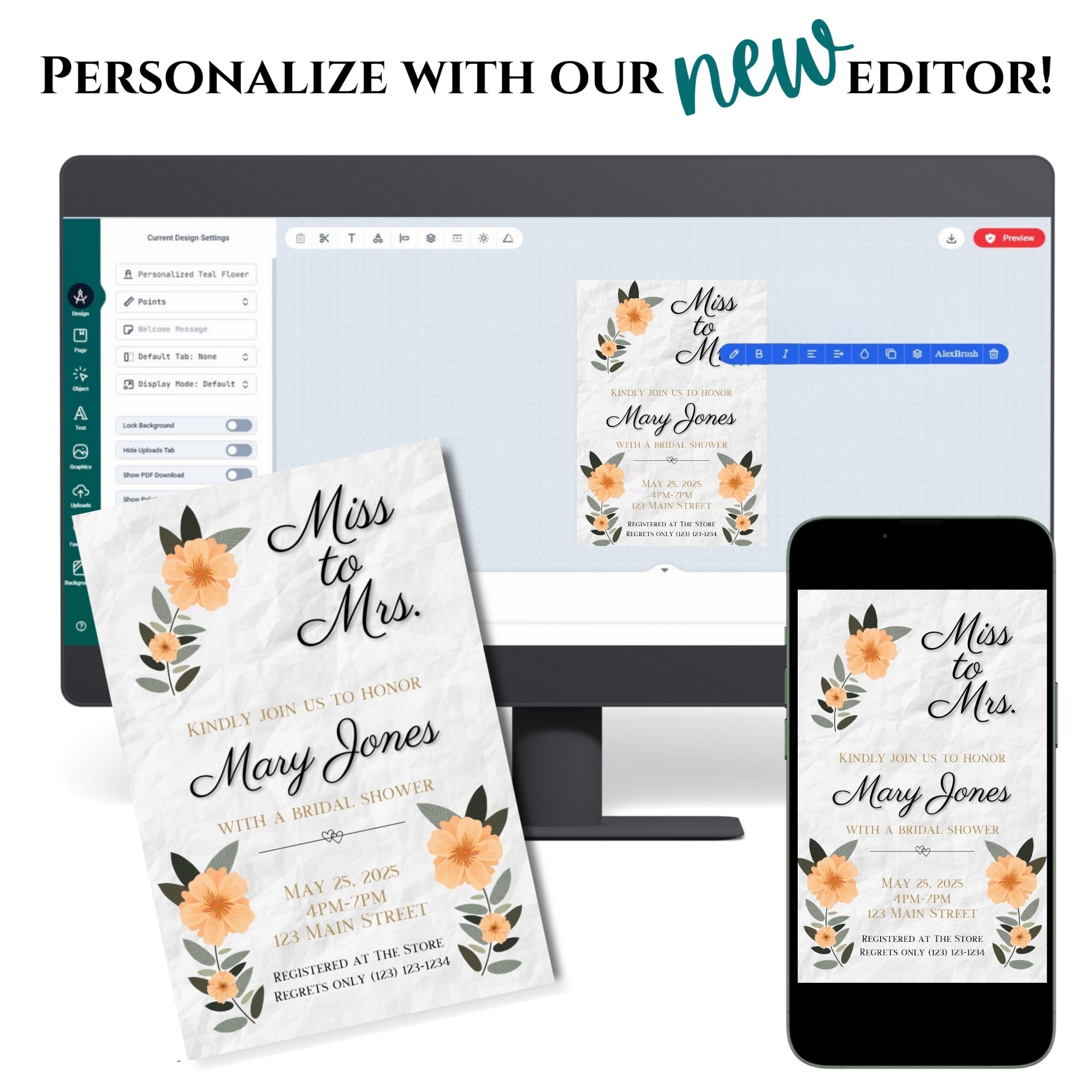 Personalized Black/Peach Floral Bridal Shower Invitation