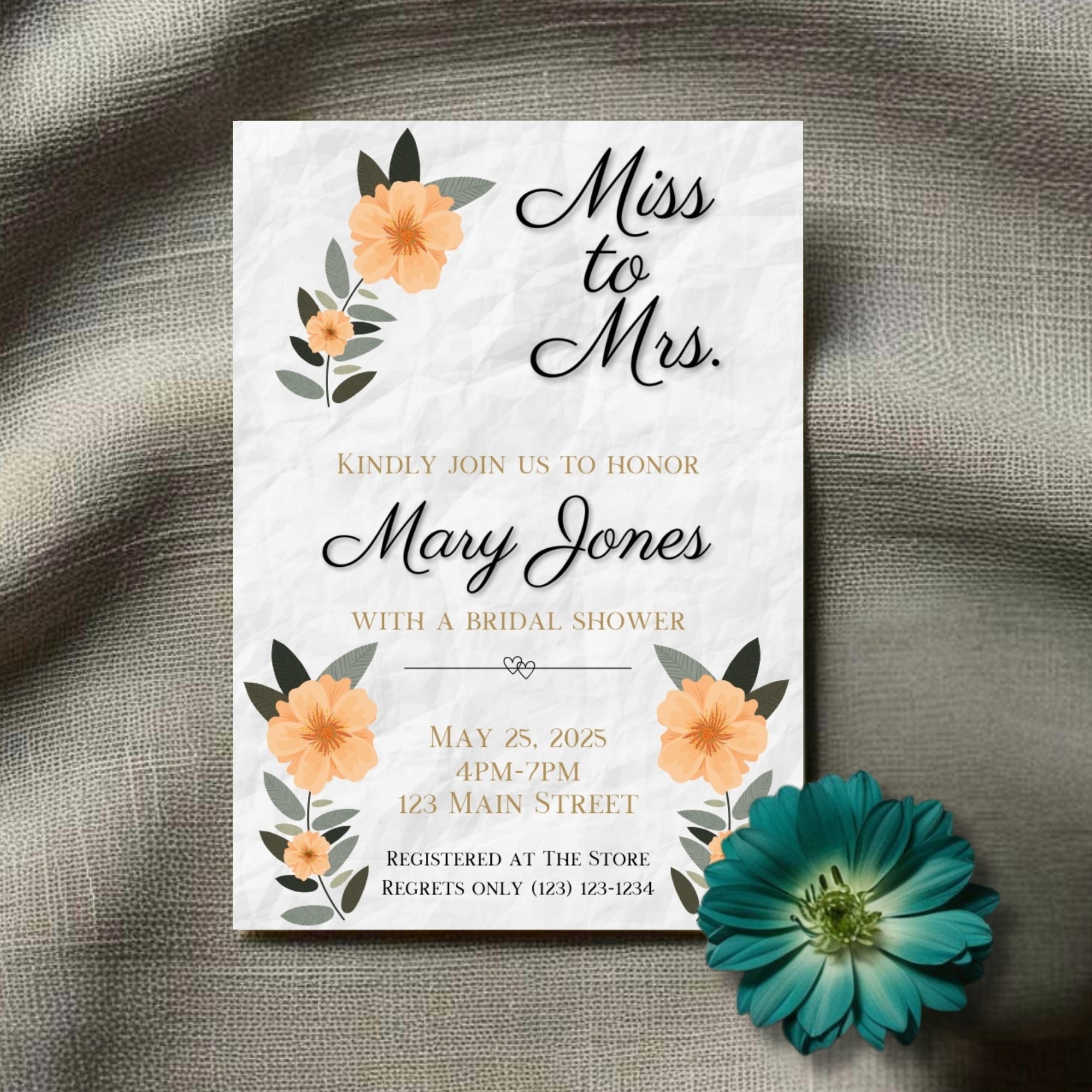 Personalized Black/Peach Floral Bridal Shower Invitation