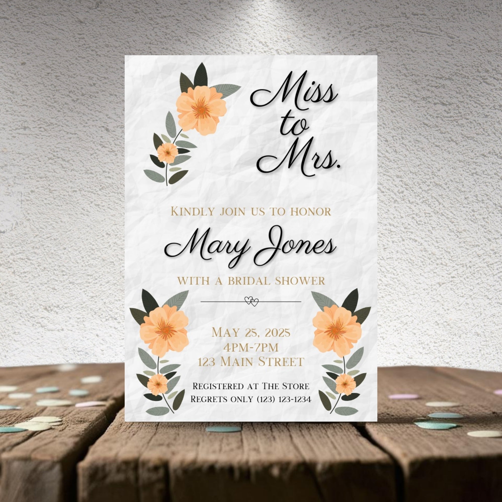 Personalized Black/Peach Floral Bridal Shower Invitation