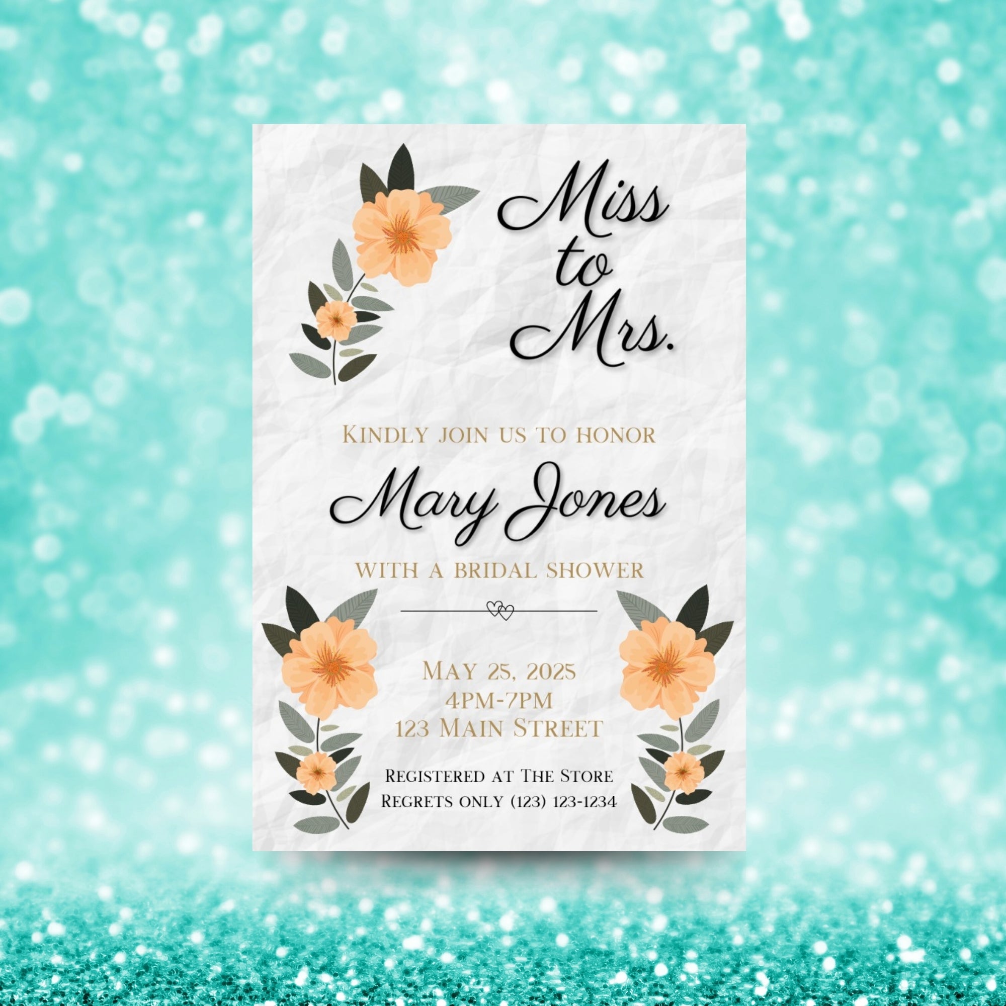Personalized Black/Peach Floral Bridal Shower Invitation