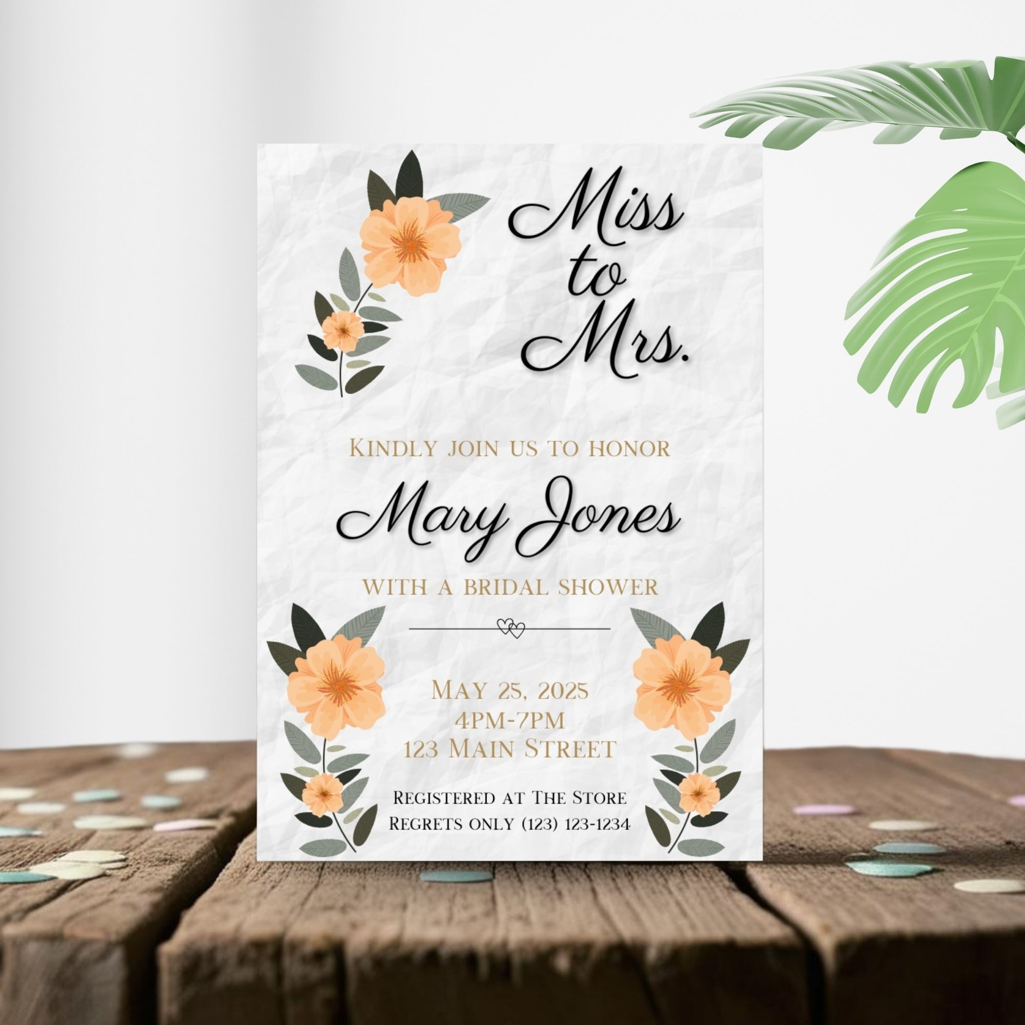 Personalized Black/Peach Floral Bridal Shower Invitation