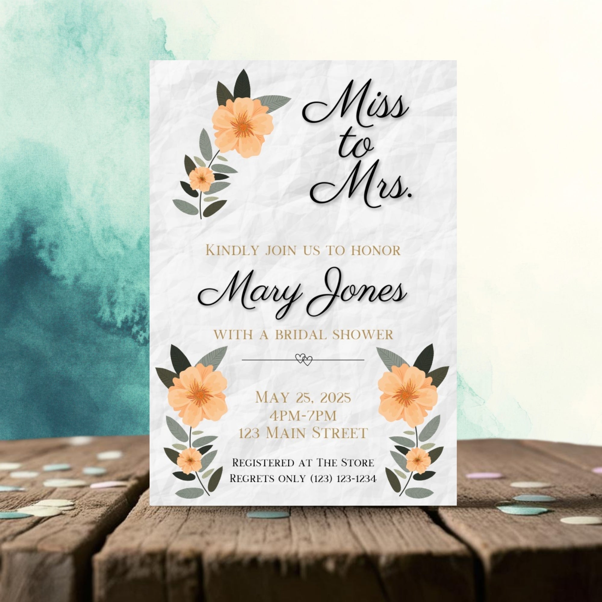 Personalized Black/Peach Floral Bridal Shower Invitation