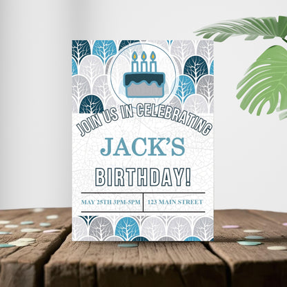 Personalized Blue Trees Birthday Invitation