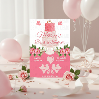 Bridal shower invitation with cake and balloons on a decorative table.