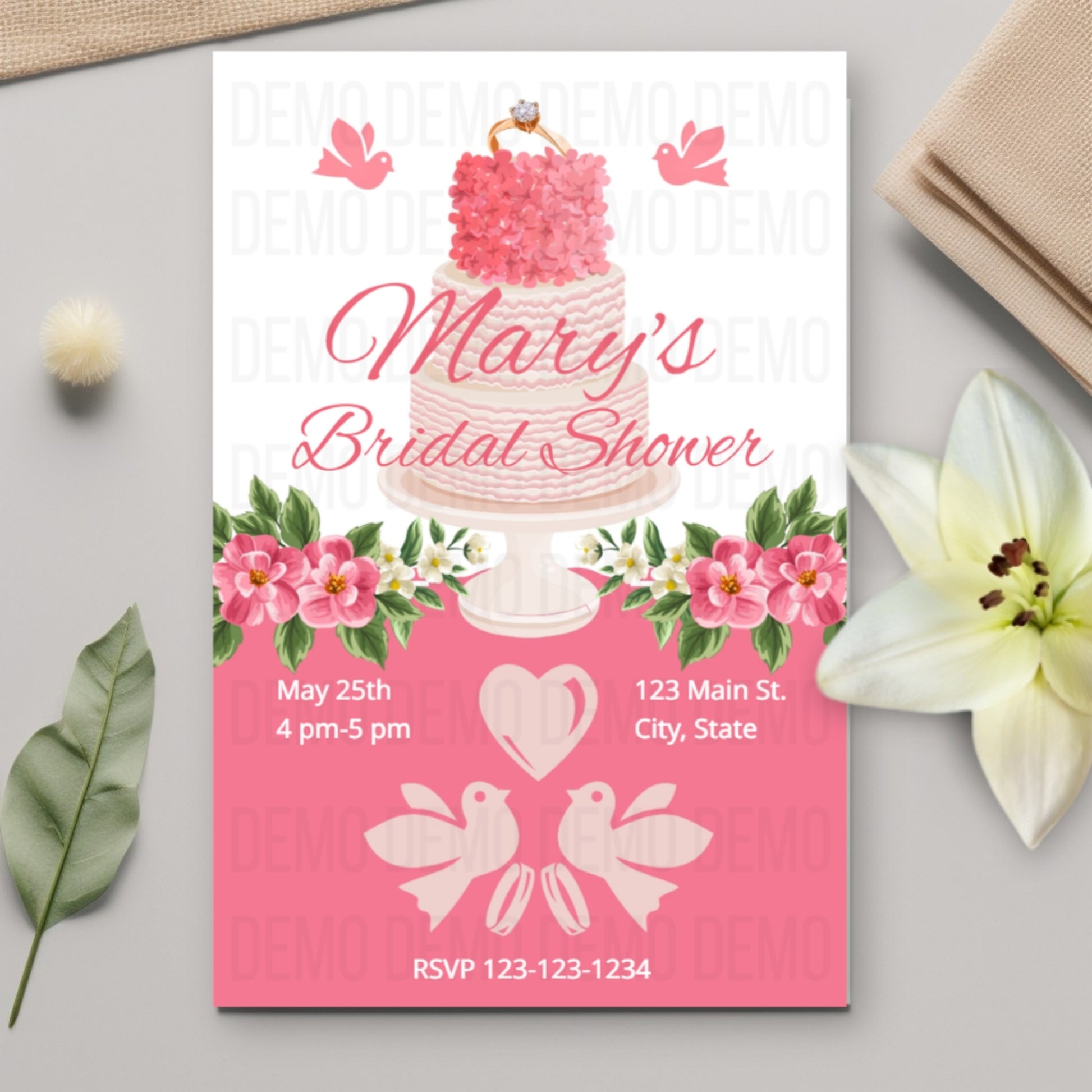 Bridal shower invitation with cake design and floral elements on a pink and white background.
