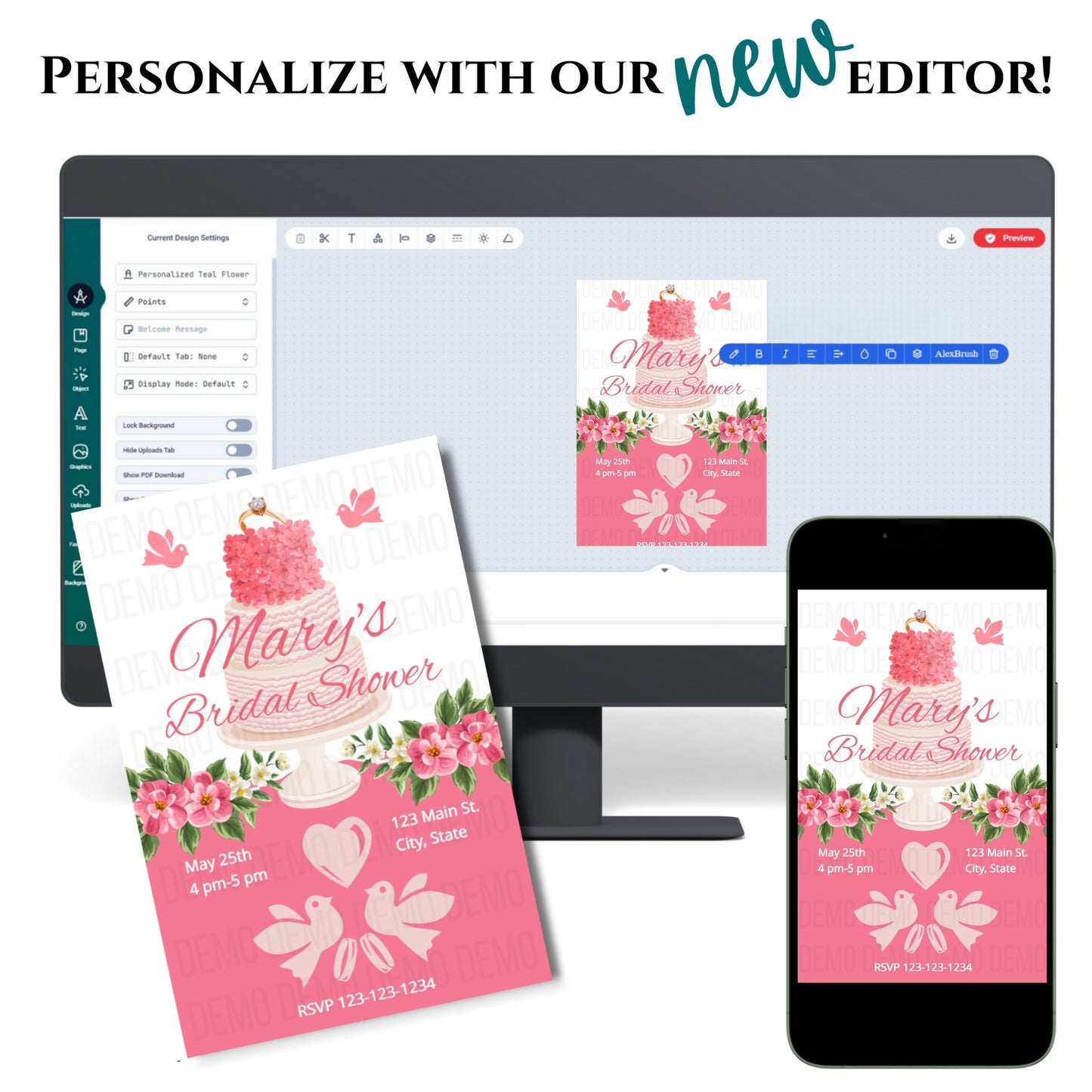 Digital editing software with a bridal shower invitation displayed on a computer screen, phone, and paper.