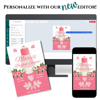 Digital editing software with a bridal shower invitation displayed on a computer screen, phone, and paper.