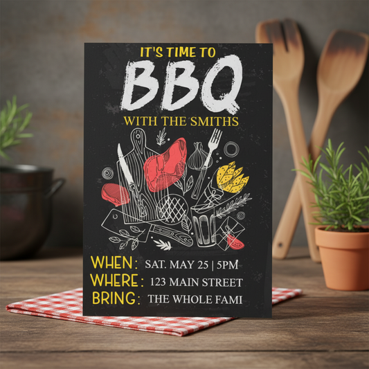 Barbecue invitation with utensils and ingredients on a wooden table with plants and pots in the background.