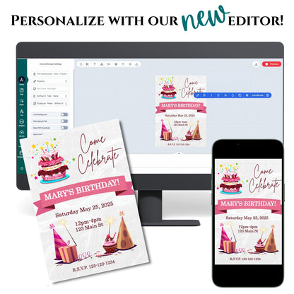 Personalized Cupcakes & Balloons Birthday Invitation