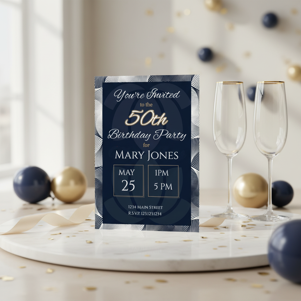 50th birthday party invitation card with champagne glasses and decorations on a table.