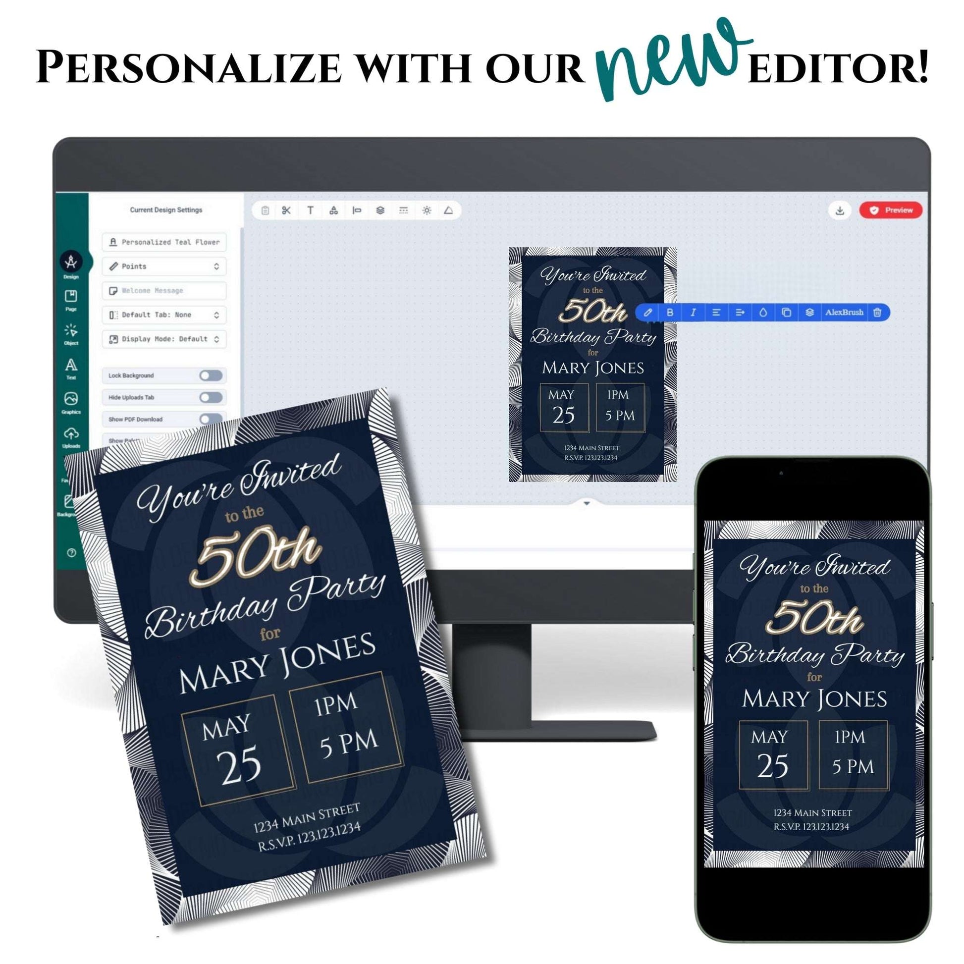 50th birthday party invitation design software on a computer screen with printed invitations and phone display.