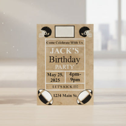 Birthday party invitation with football theme on a wooden surface