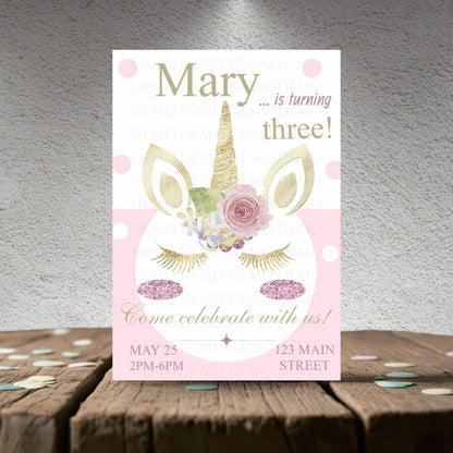 Personalized Glitter Unicorn Birthday Invitation