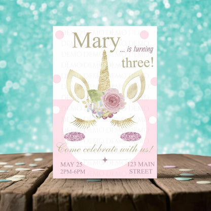 Personalized Glitter Unicorn Birthday Invitation