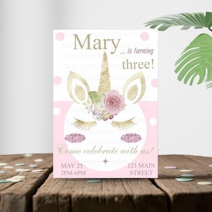 Personalized Glitter Unicorn Birthday Invitation