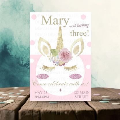 Personalized Glitter Unicorn Birthday Invitation