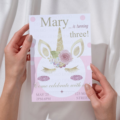 Personalized Glitter Unicorn Birthday Invitation